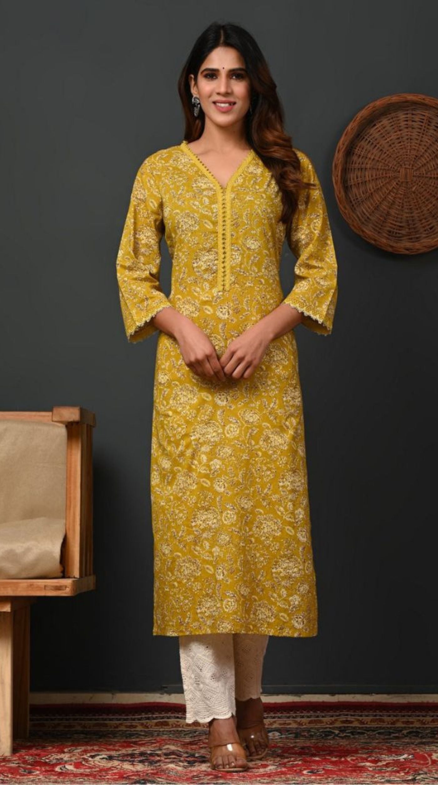 Mustard Printed Cotton Straight Cut Kurti