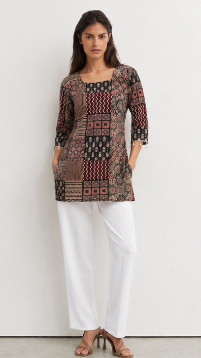 A woman modeling a three-quarter sleeve kurta with a multicolor geometric patchwork print, paired with white wide-leg trousers and brown heeled sandals, standing against a plain white wall.