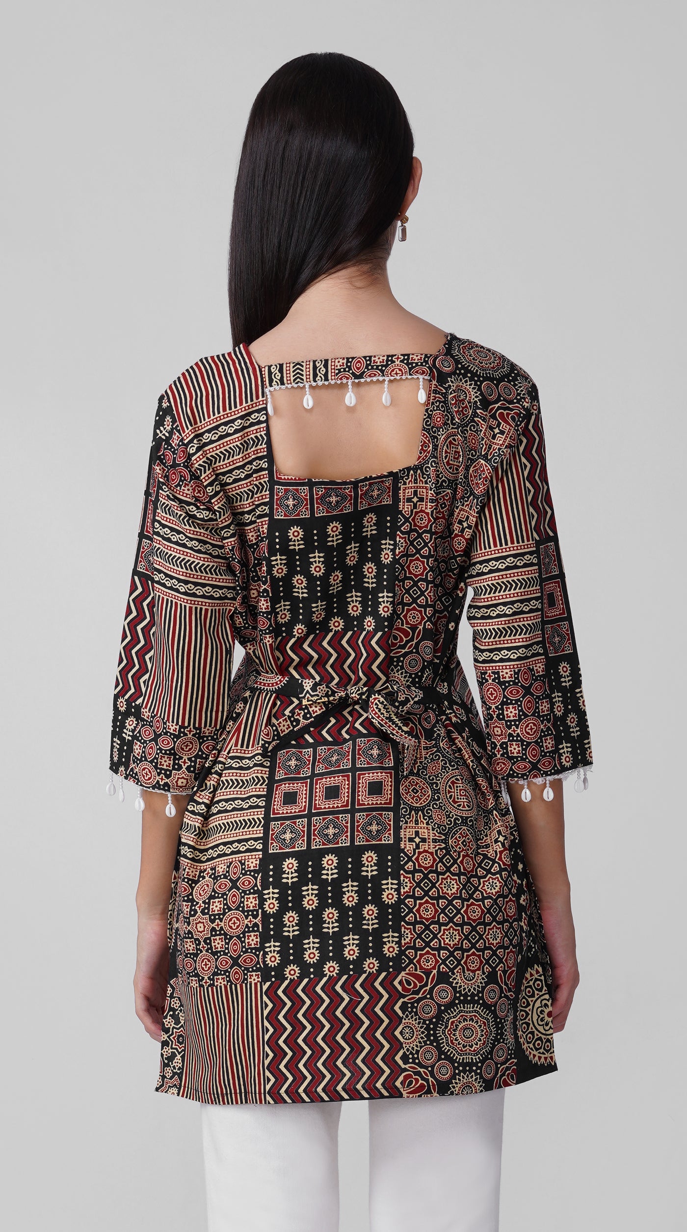 Black Printed Cotton Kurti with Square Neck & Shell Tassel Detailing