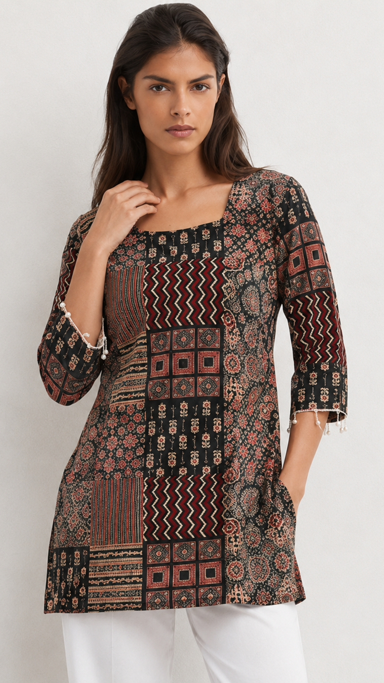 A woman modeling a three-quarter sleeve kurta with a complex geometric patchwork pattern in black, rust red, and beige, paired with white trousers against a plain light gray background.