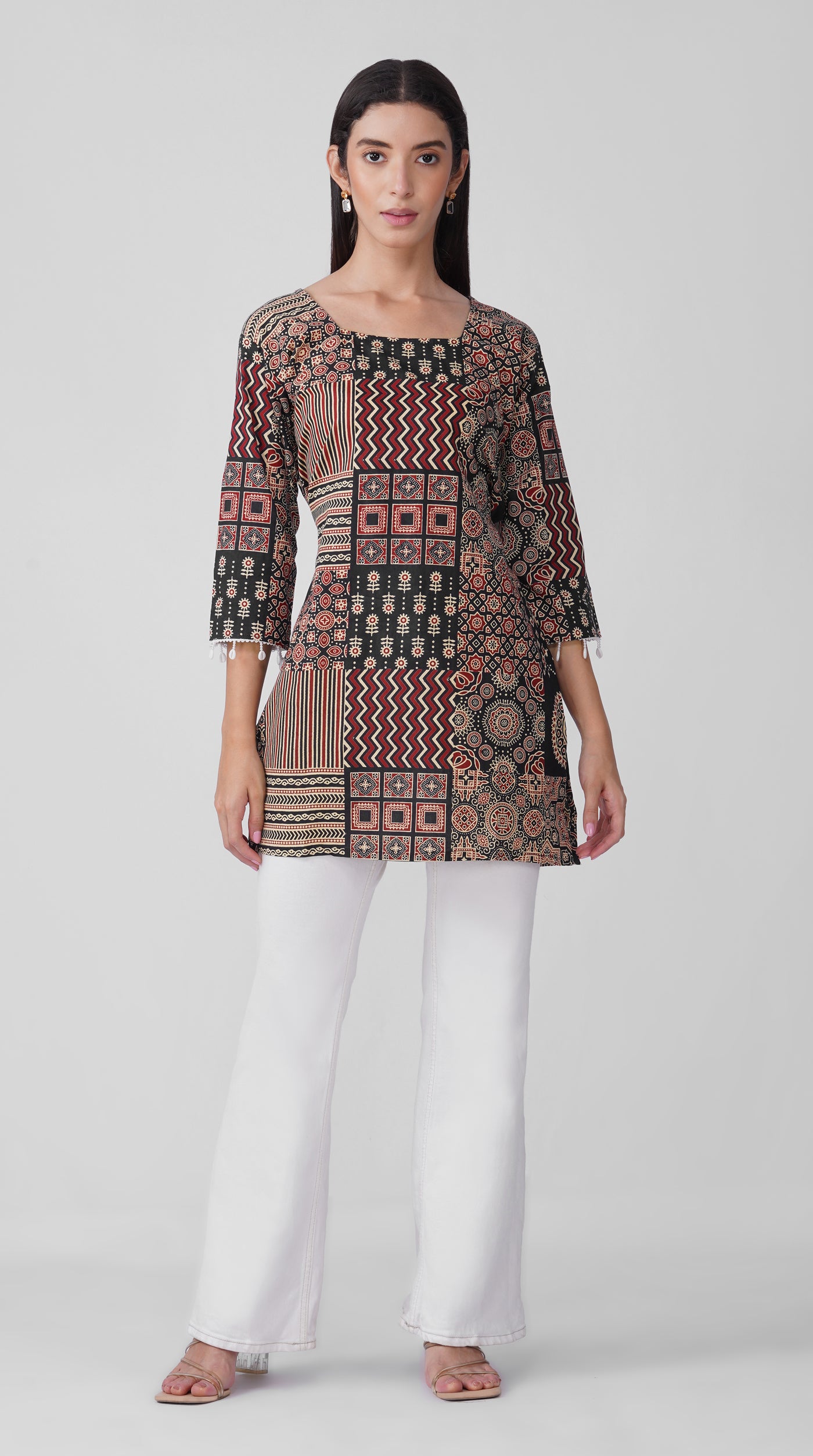 Black Printed Cotton Kurti with Square Neck & Shell Tassel Detailing