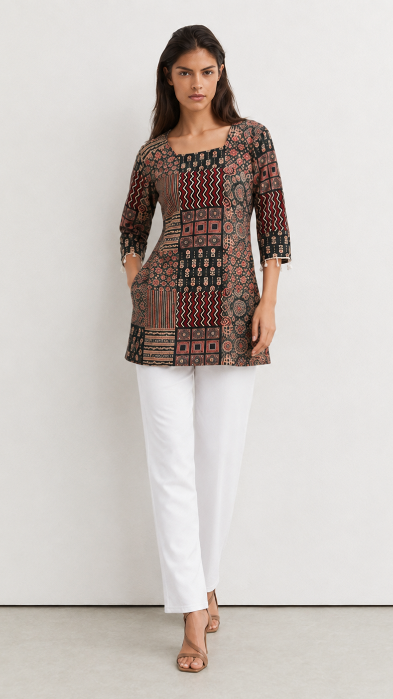 A woman modeling a three-quarter sleeve tunic top with a complex geometric patchwork pattern in red, black, and beige, paired with white trousers and brown sandals, standing against a plain white studio wall.
