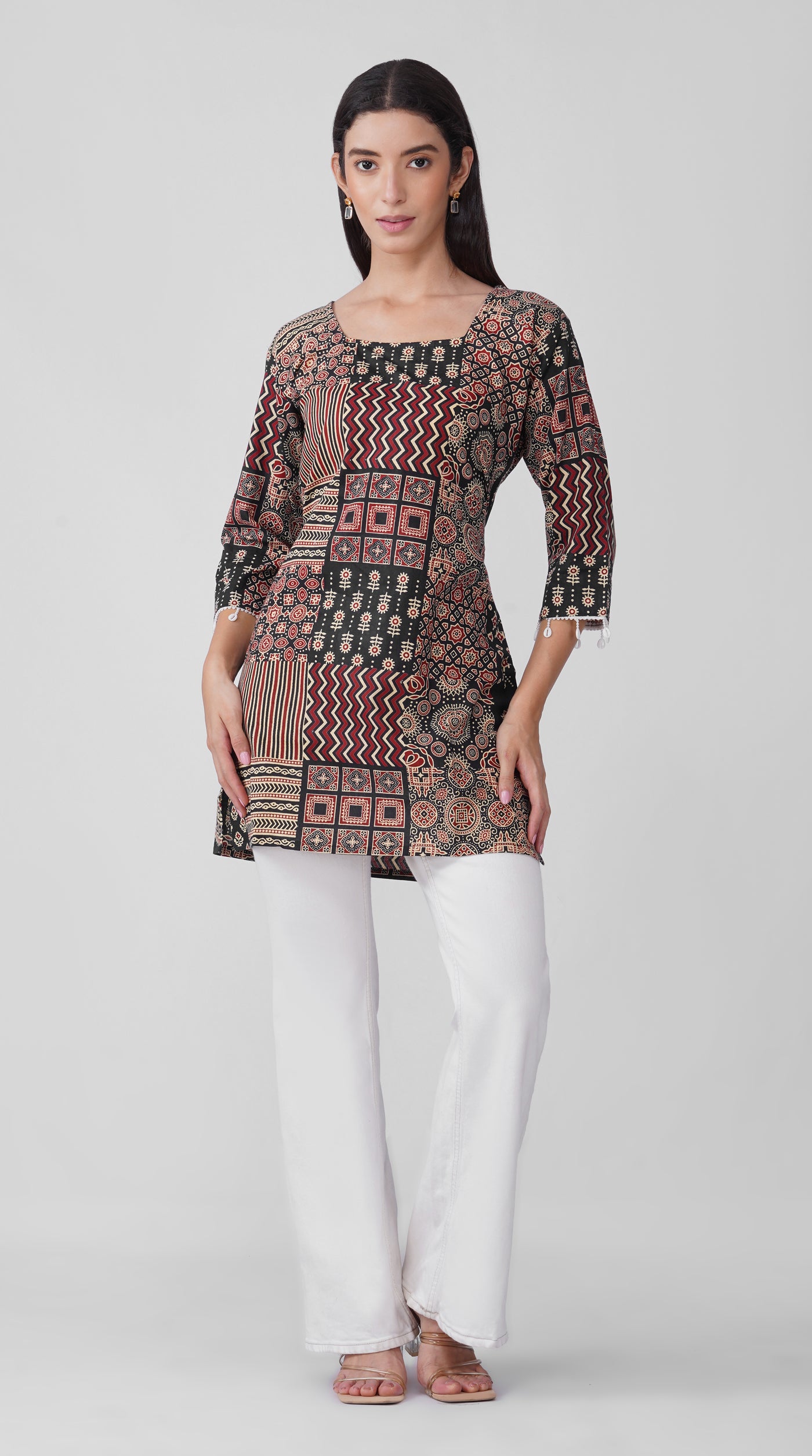 Black Printed Cotton Kurti with Square Neck & Shell Tassel Detailing
