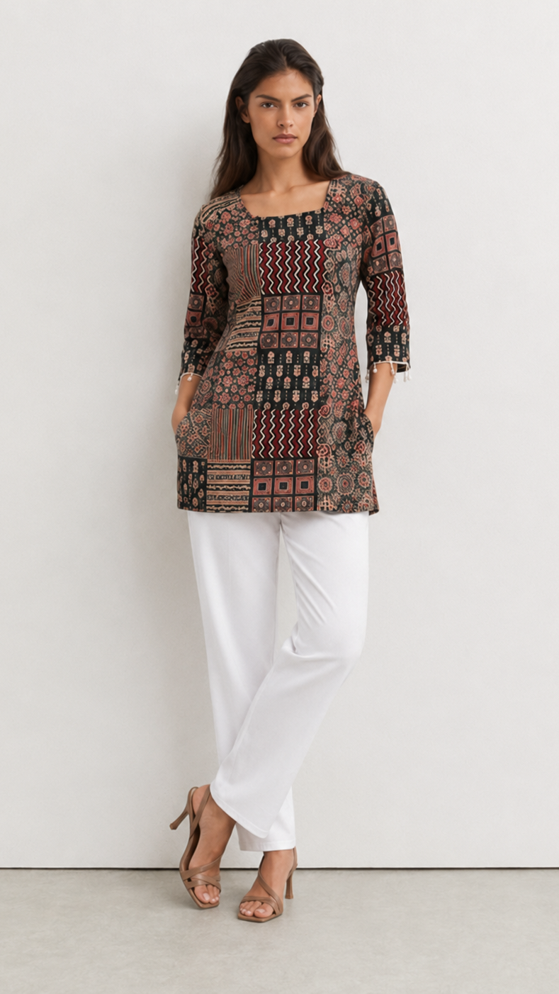A woman modeling a three-quarter sleeve tunic top with a geometric patchwork print in brown, red, and black, paired with white pants and brown heeled sandals, standing against a plain white wall.