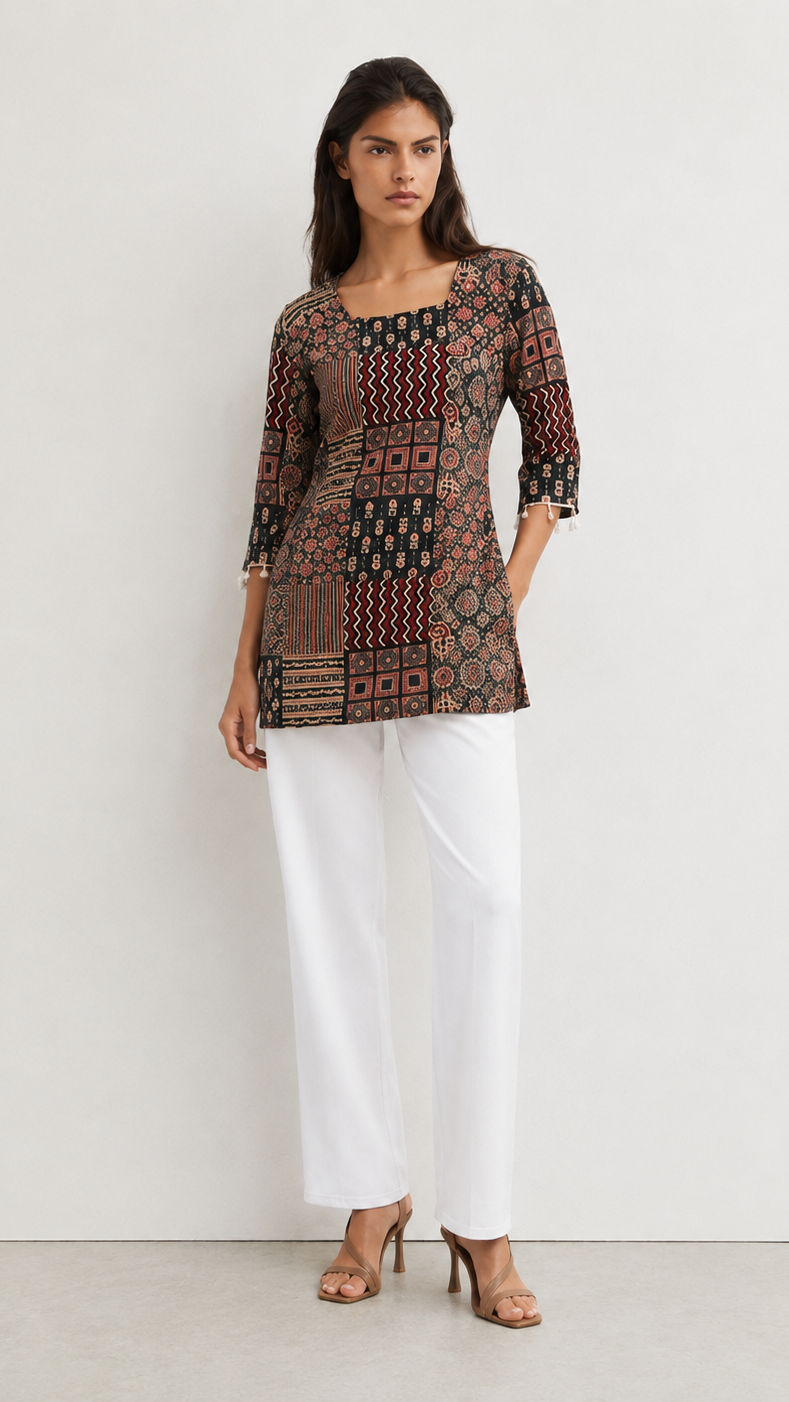 A woman modeling a three-quarter sleeve kurta with a complex geometric patchwork print in black, red, and beige, paired with white wide-leg trousers and brown high-heeled sandals, set against a plain white studio background.