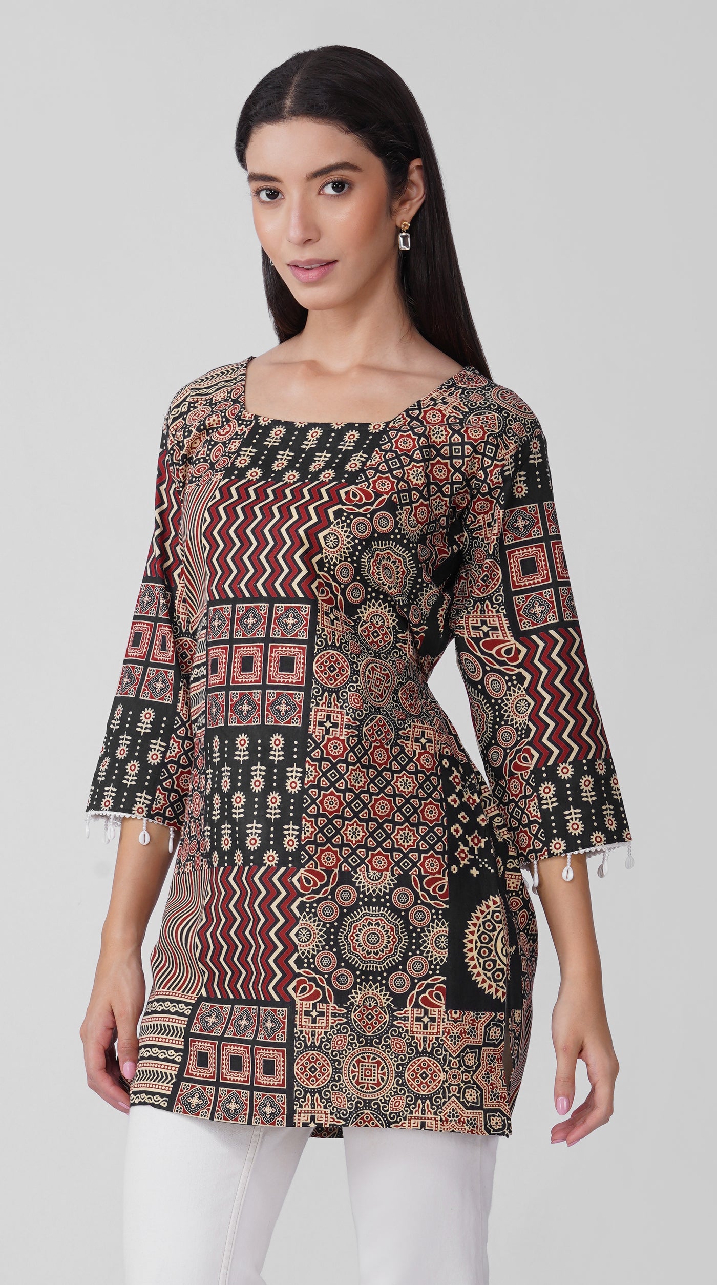Black Printed Cotton Kurti with Square Neck & Shell Tassel Detailing