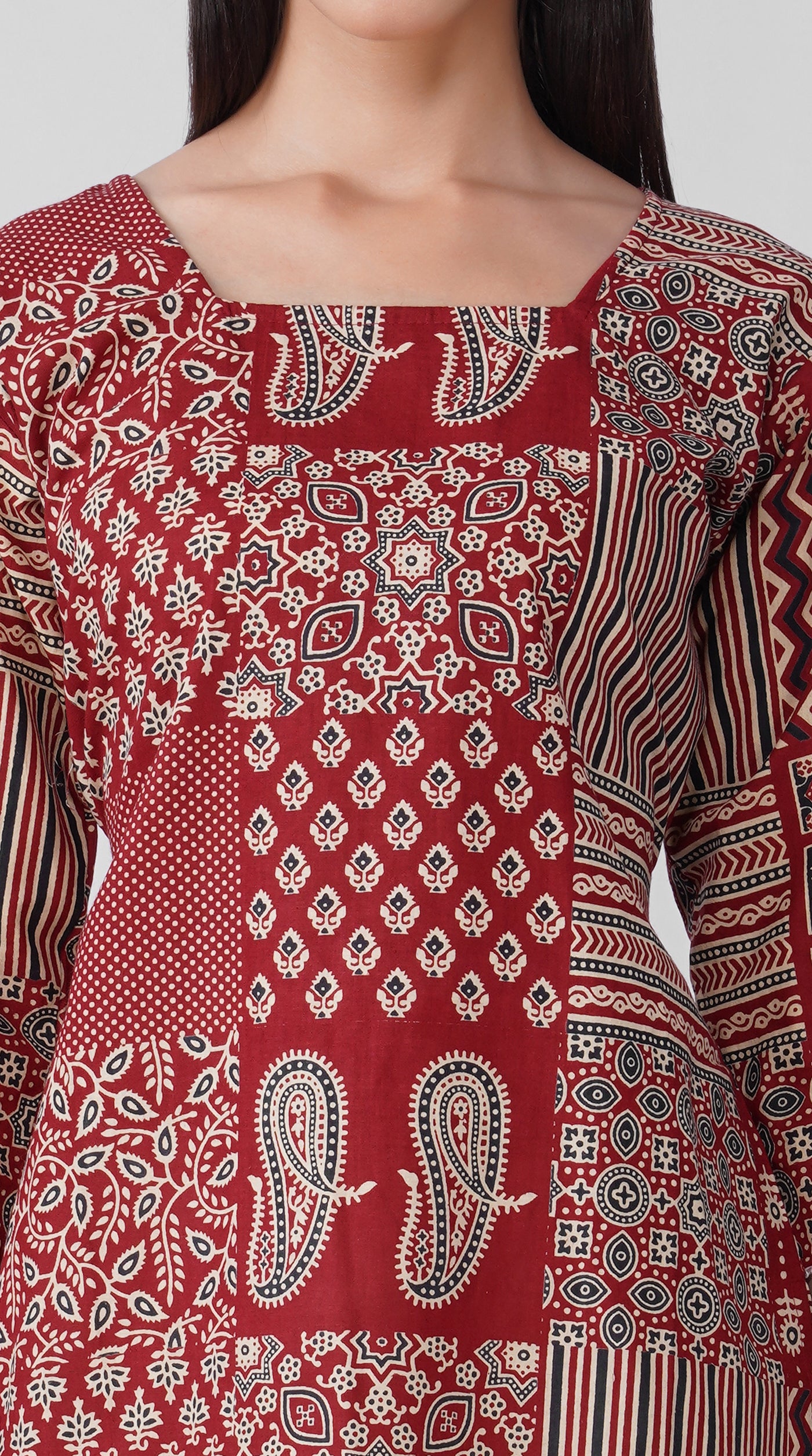 Maroon Printed Cotton Kurti with Square Neck & Shell Tassel Detailing