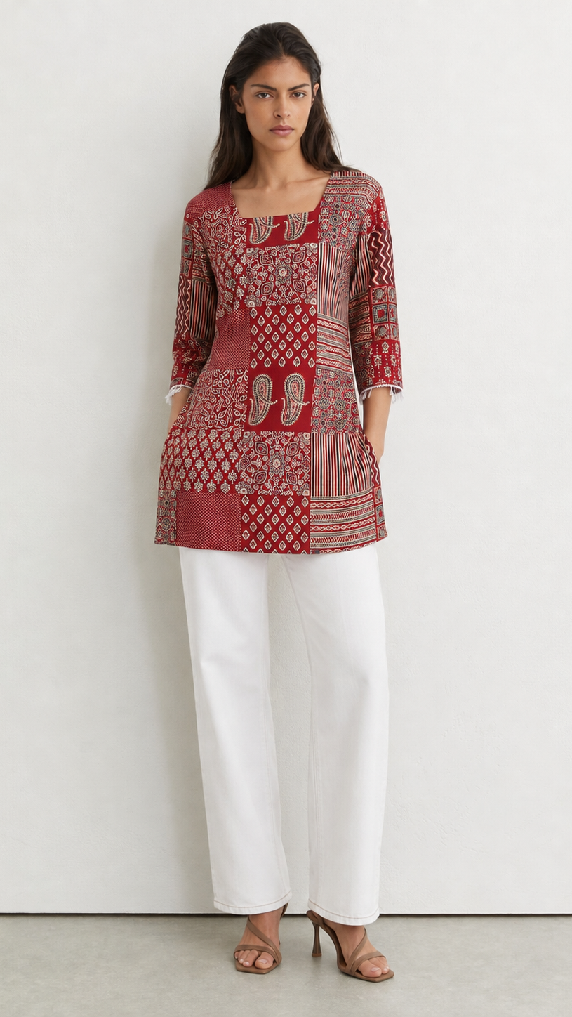A woman modeling a red and beige patterned kurta with white wide-leg trousers and brown heeled sandals, standing against a plain off-white wall.