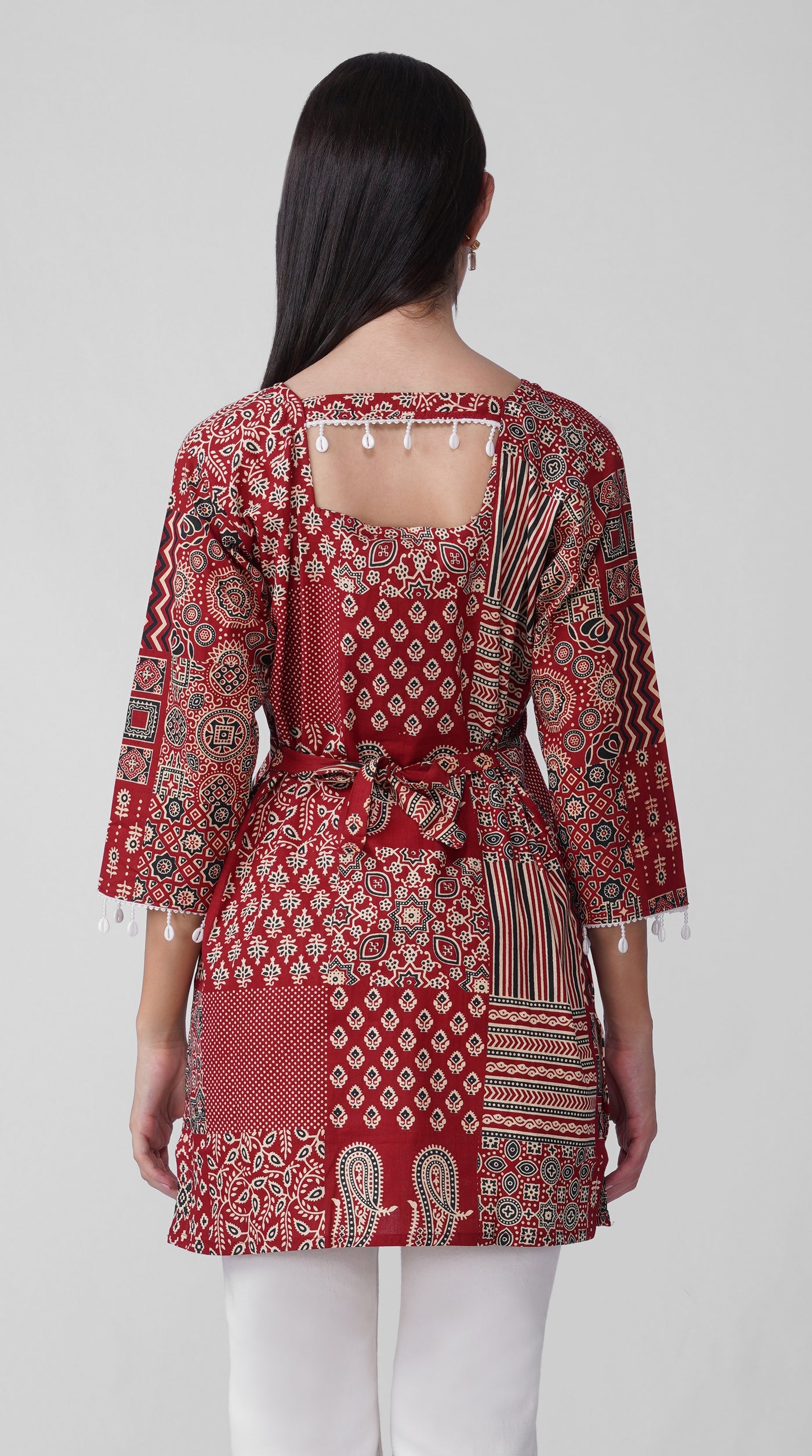 Maroon Printed Cotton Kurti with Square Neck & Shell Tassel Detailing