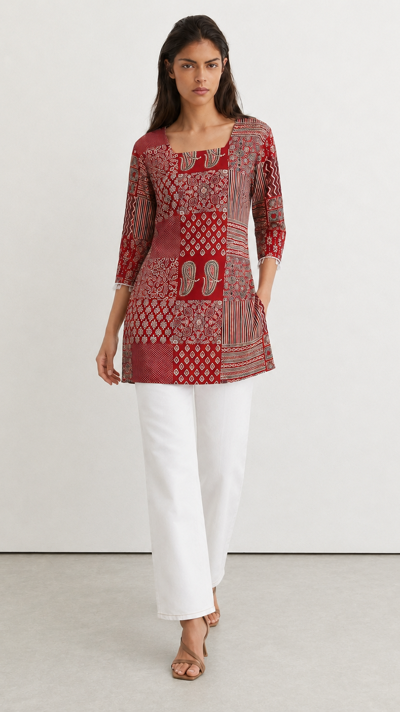 A woman modeling a red and white patterned kurta with three-quarter sleeves, paired with white wide-leg trousers and brown sandals, standing against a plain white studio wall.