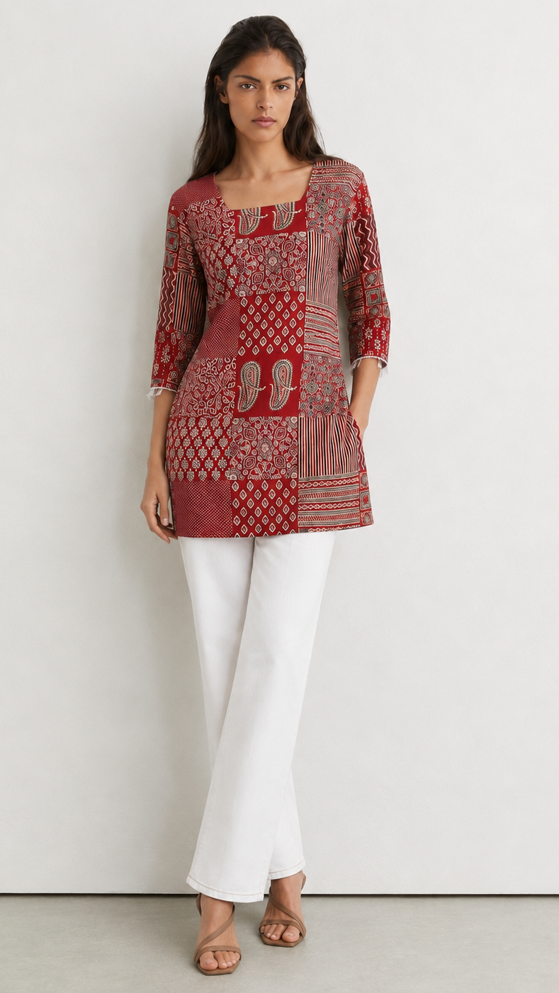 A woman modeling a red and beige patterned kurta with three-quarter sleeves, paired with white pants and brown sandals, standing against a plain white wall.