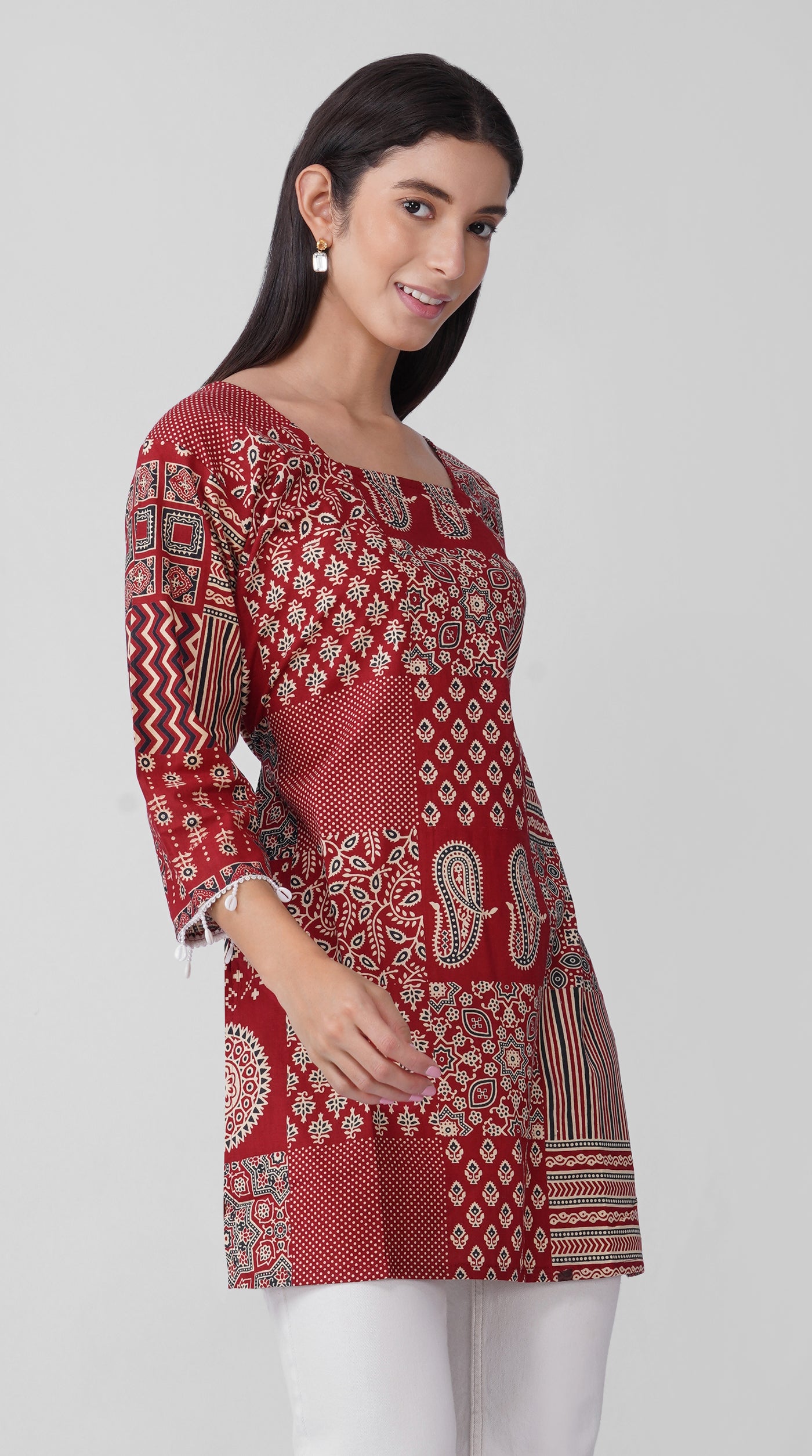 Maroon Printed Cotton Kurti with Square Neck & Shell Tassel Detailing