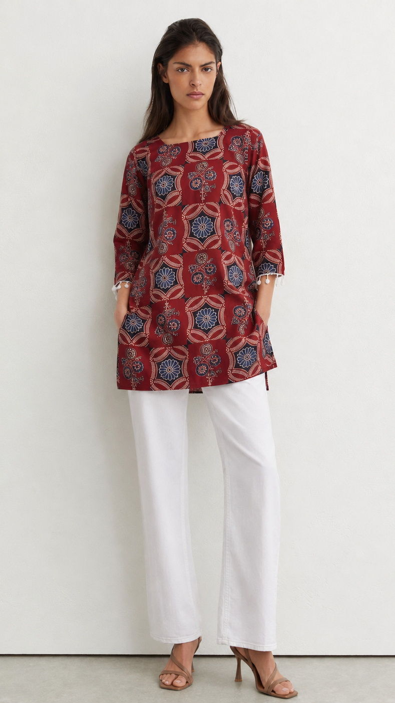 Young woman wearing a rust red printed kurta top with blue floral and paisley motifs, three-quarter sleeves, pearl-trim cuffs and white trousers.