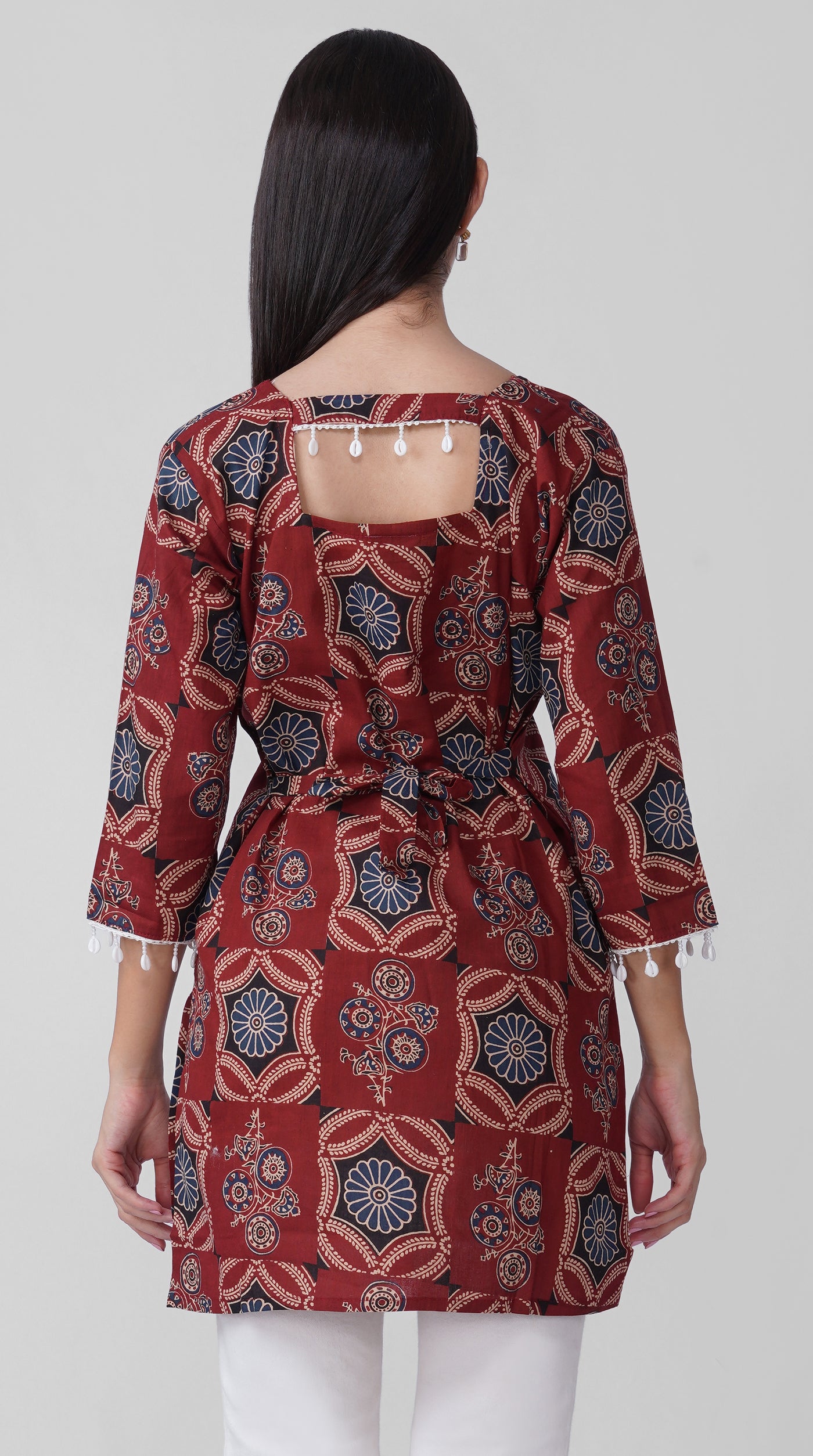 Rust Printed Cotton Kurti with Square Neck & Shell Tassel Detailing