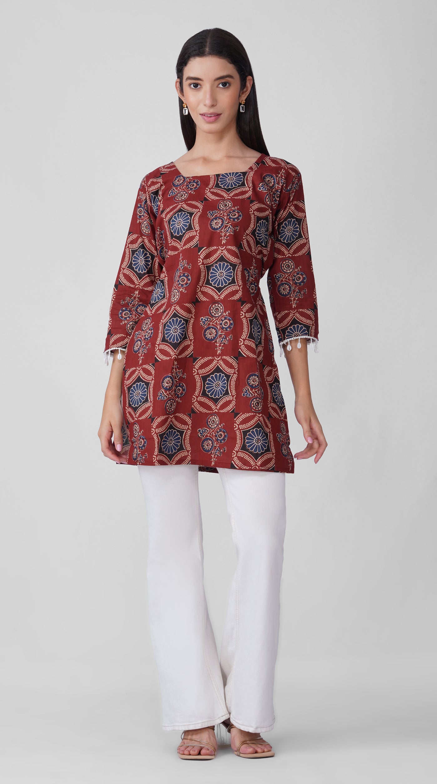 Rust Printed Cotton Kurti with Square Neck & Shell Tassel Detailing