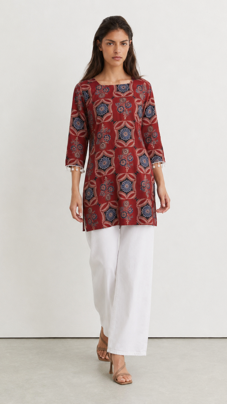 Young woman wearing a rust red printed kurta top with blue floral and paisley motifs, three-quarter sleeves, pearl-trim cuffs and white trousers.
