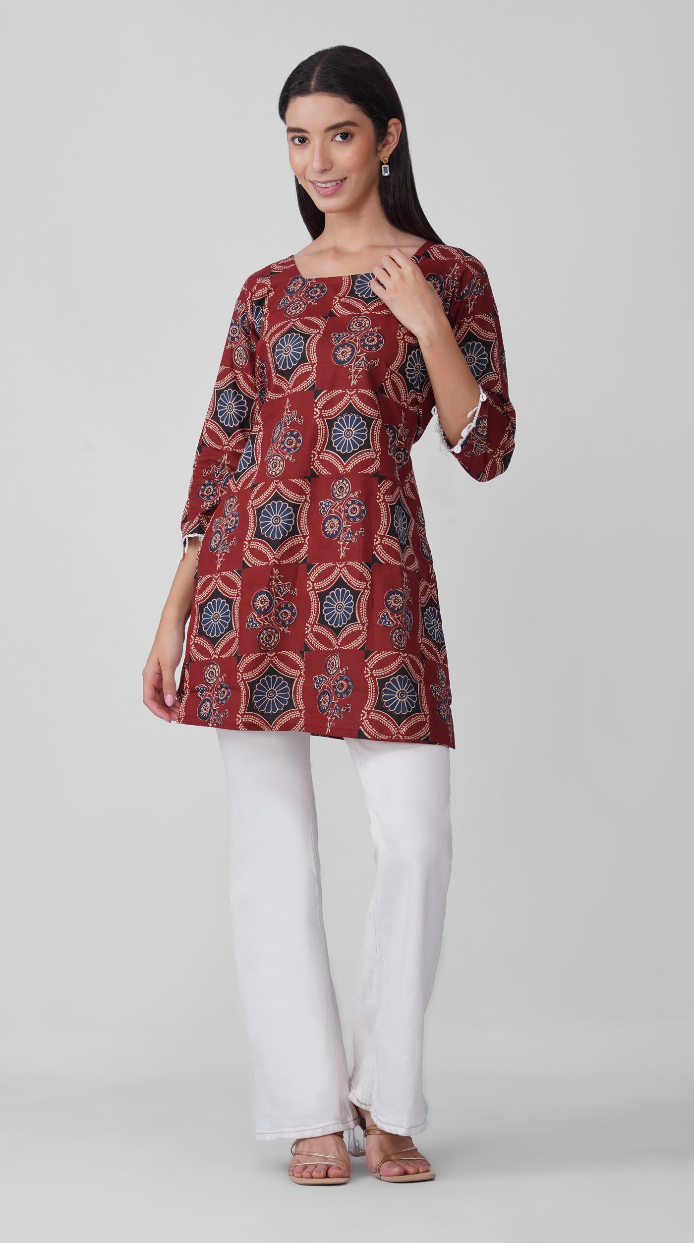 Rust Printed Cotton Kurti with Square Neck & Shell Tassel Detailing