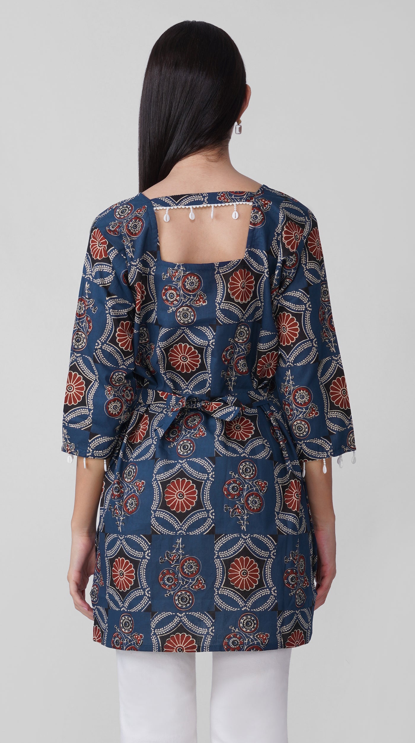 Blue Printed Cotton Kurti with Square Neck & Shell Tassel Detailing