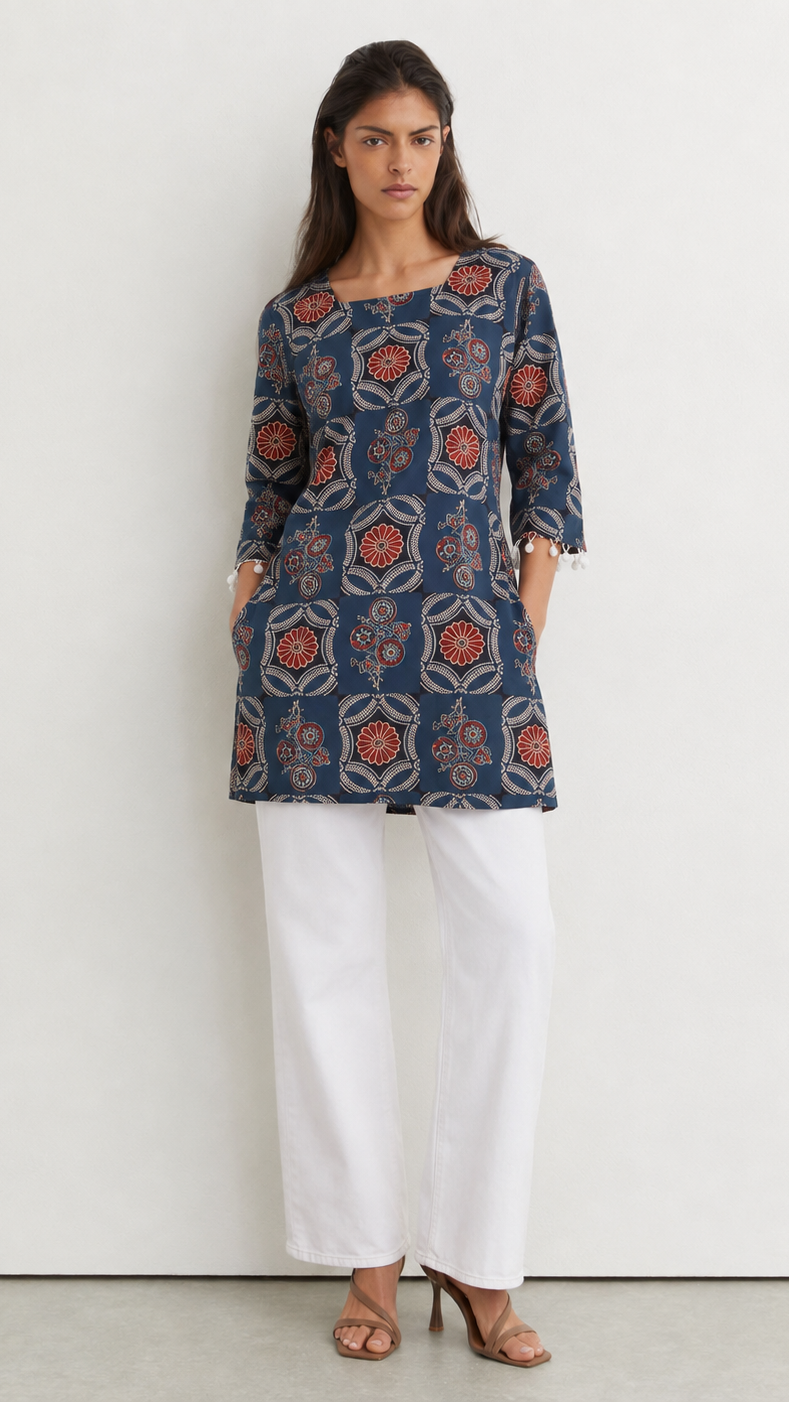Young woman wearing a navy blue printed kurta top with rust floral and paisley motifs, three-quarter sleeves, pearl-trim cuffs and white trousers.