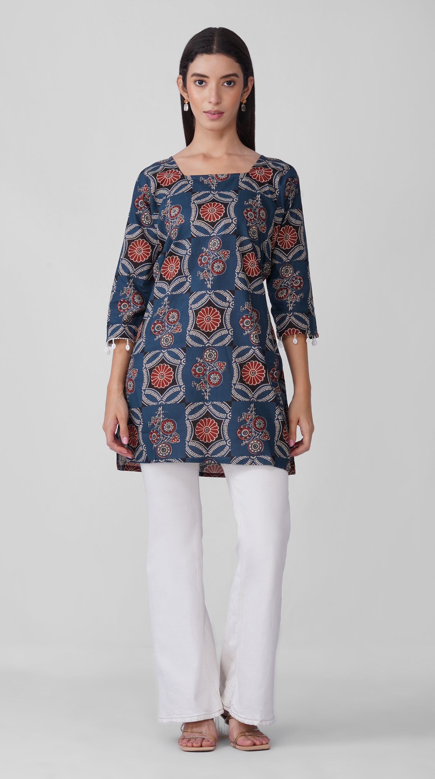 Blue Printed Cotton Kurti with Square Neck & Shell Tassel Detailing