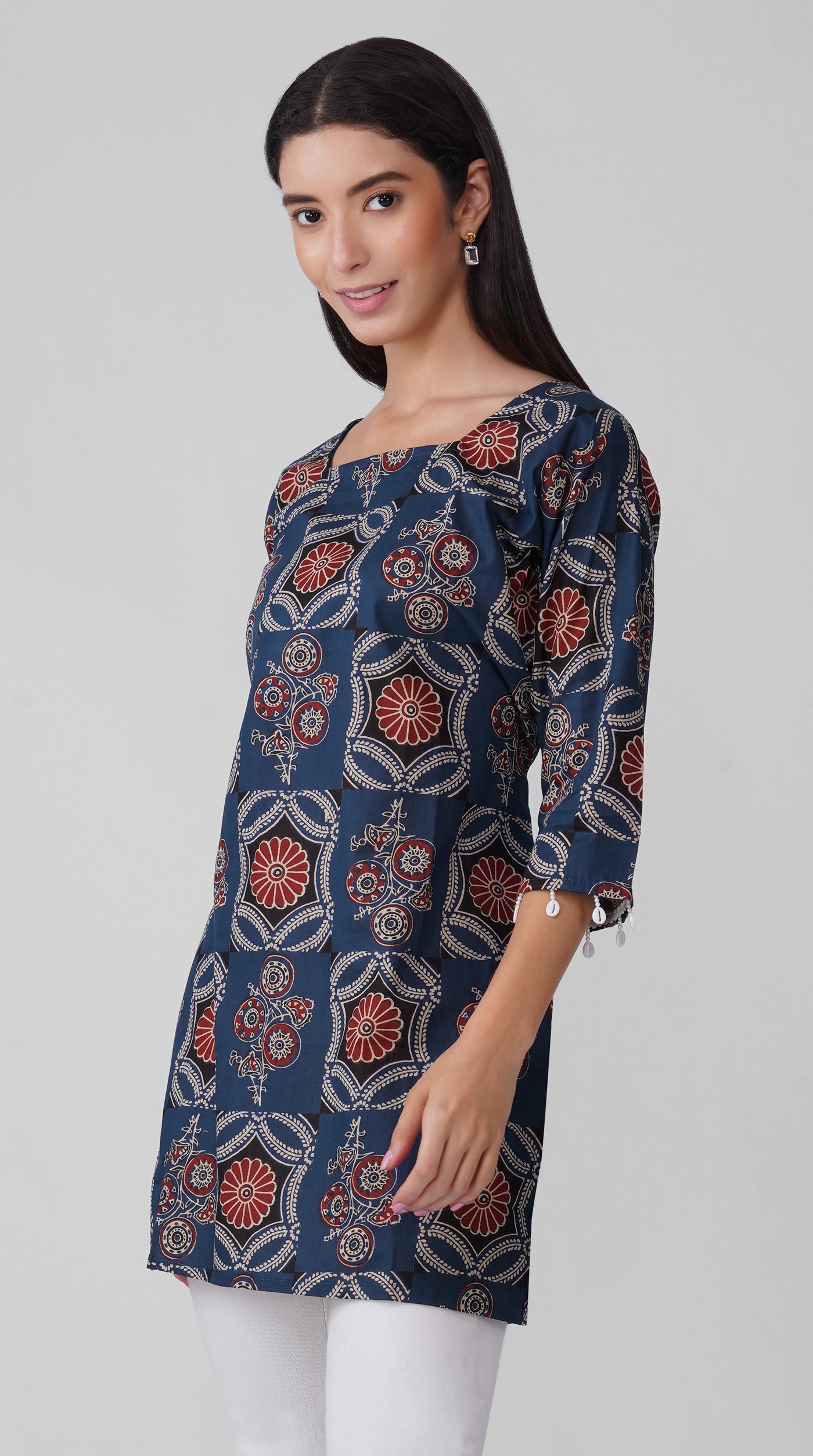 Blue Printed Cotton Kurti with Square Neck & Shell Tassel Detailing