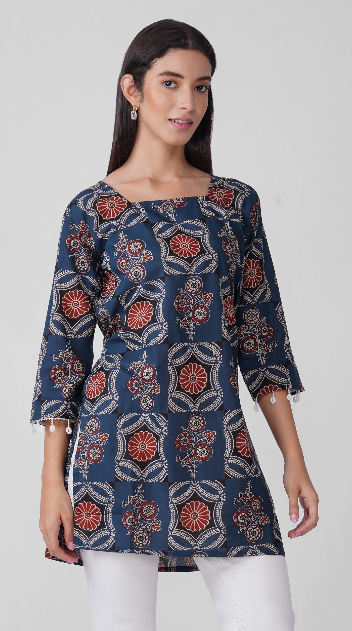 Blue Printed Cotton Kurti with Square Neck & Shell Tassel Detailing