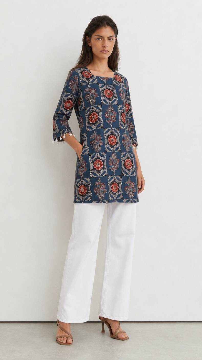 Young woman wearing a navy blue printed kurta top with rust floral and paisley motifs, three-quarter sleeves, pearl-trim cuffs and white trousers.