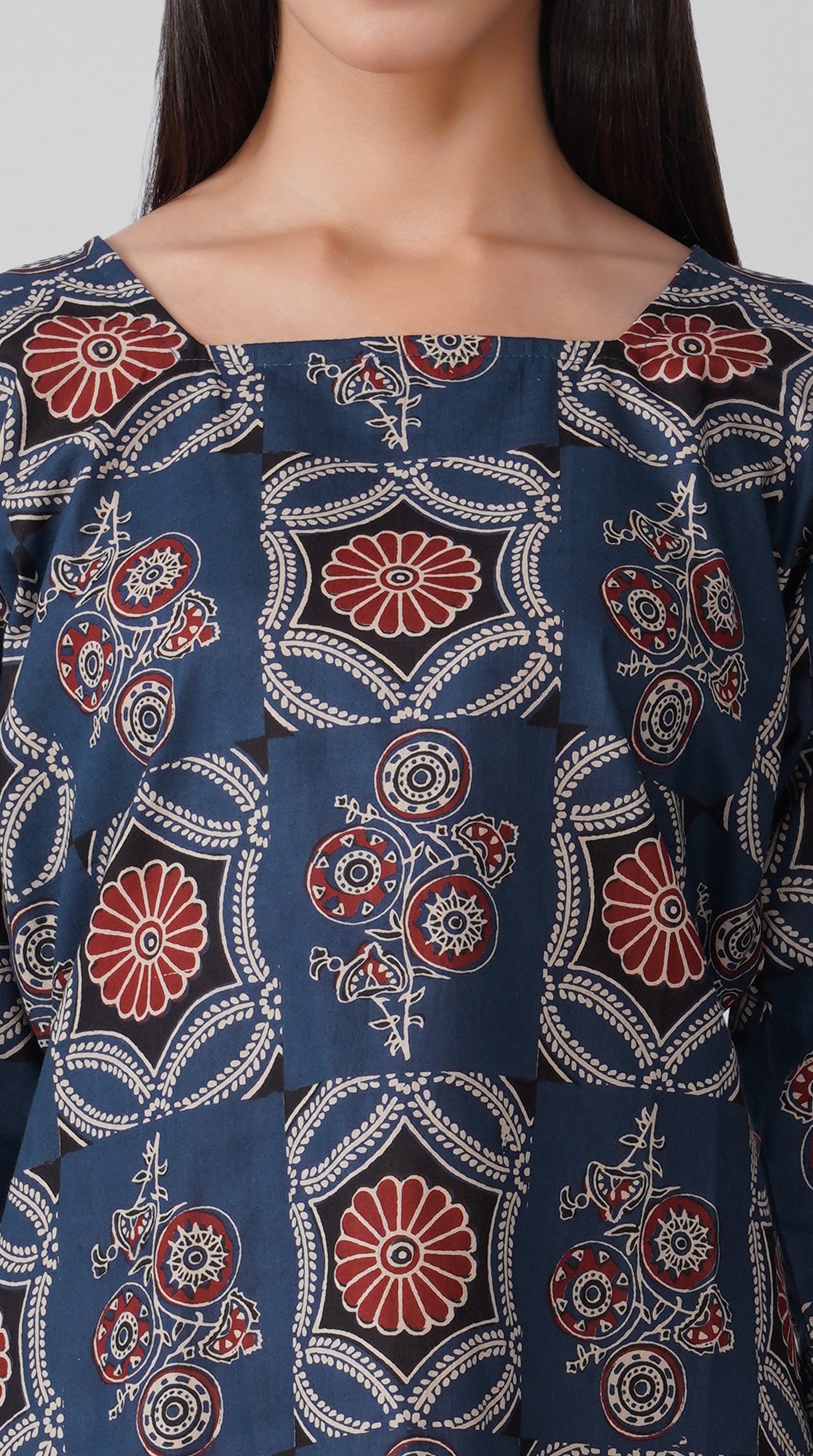Blue Printed Cotton Kurti with Square Neck & Shell Tassel Detailing