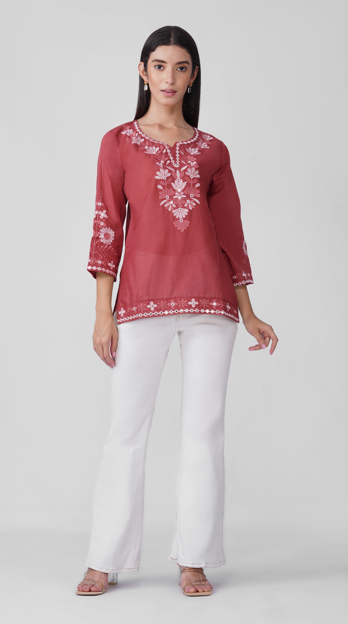 Dusty-pink Chikankari Cotton Kurti