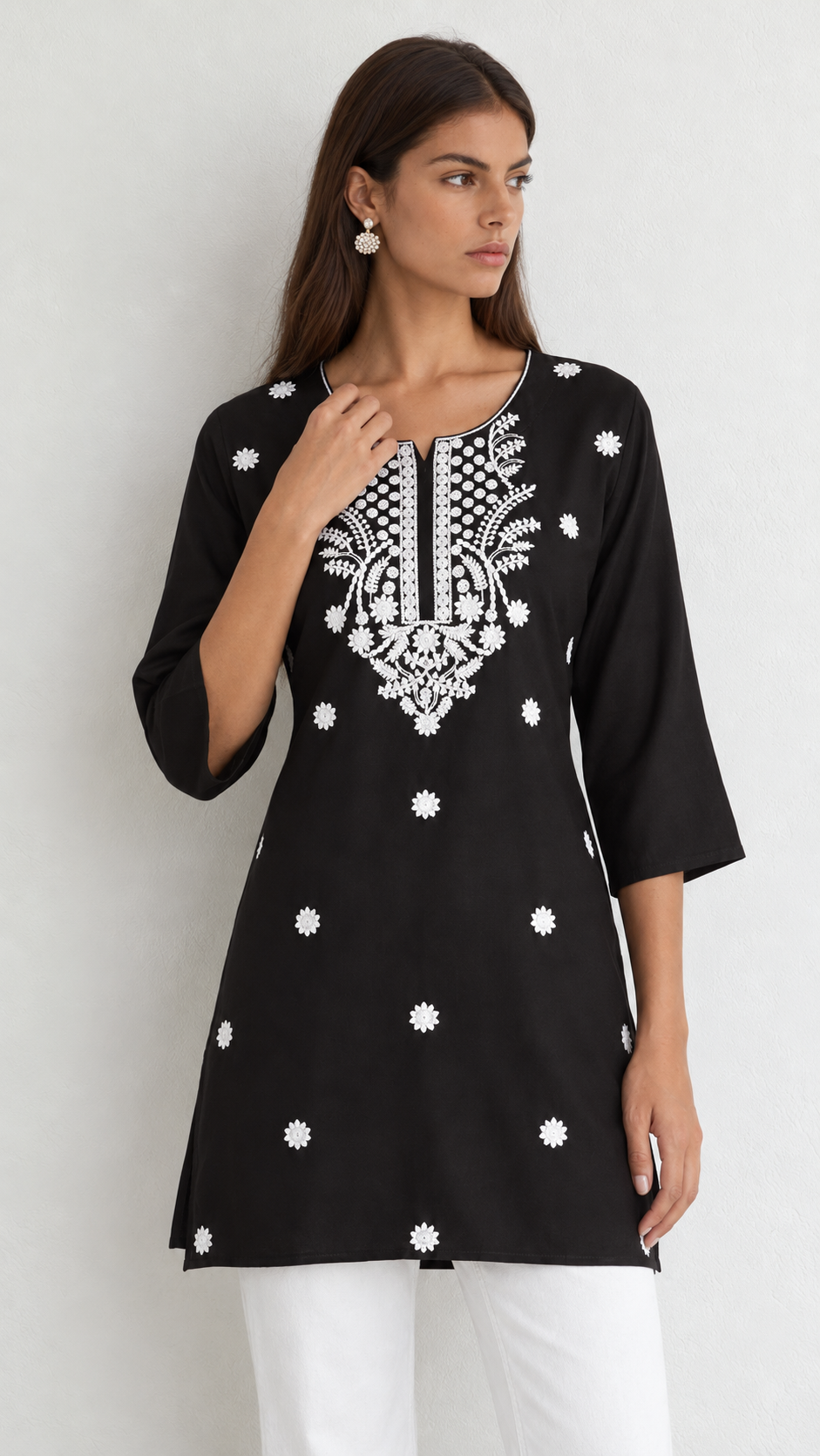 Black Cotton Chikankari Kurti with Embroidered Neckline & Sleeves