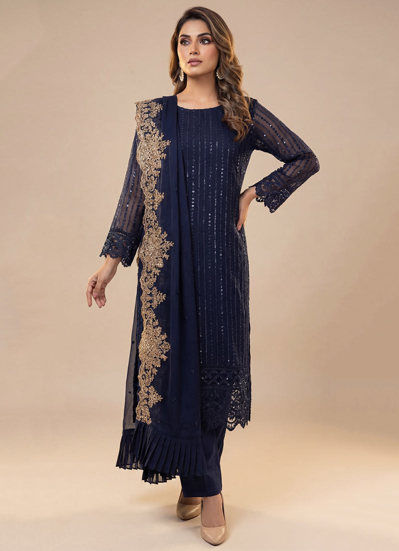 Midnight Blue Chiffon Embroidered Straight Suit Set