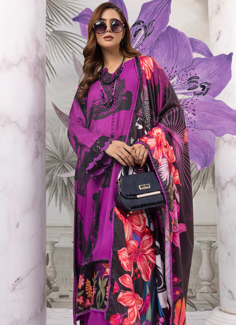 Purple Linen Wool Shawl Suit Set