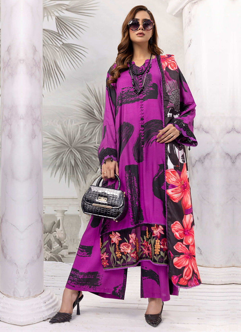 Purple Linen Wool Shawl Suit Set