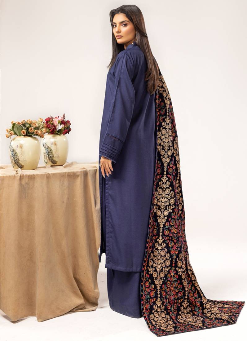 Navy Blue Velvet Embroidery Shawl Suit Set