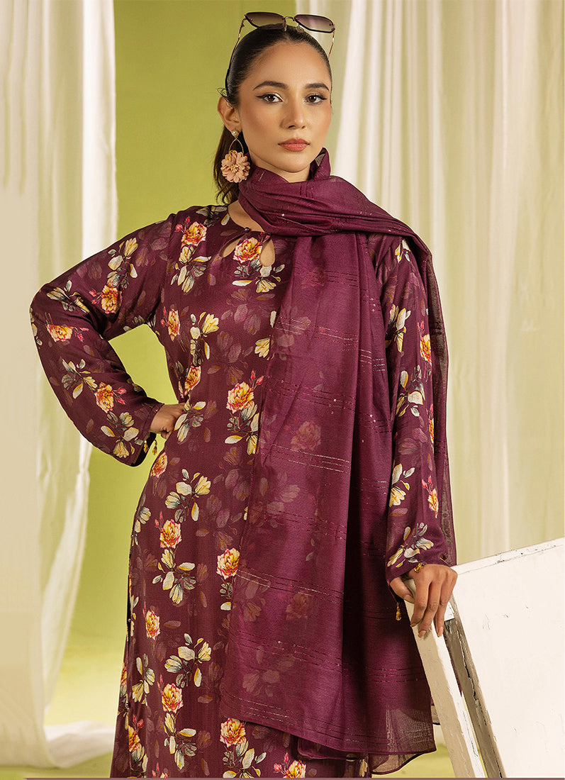 Wine Lawn Digital Printed Suit Set