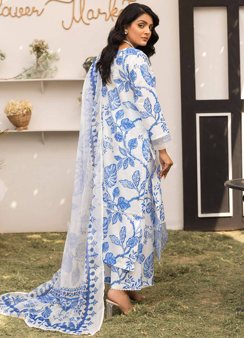 White-Blue Printed Lawn Embroidered Suit Set