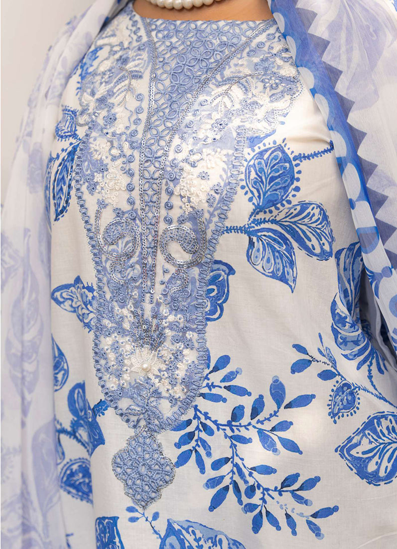 White-Blue Printed Lawn Embroidered Suit Set