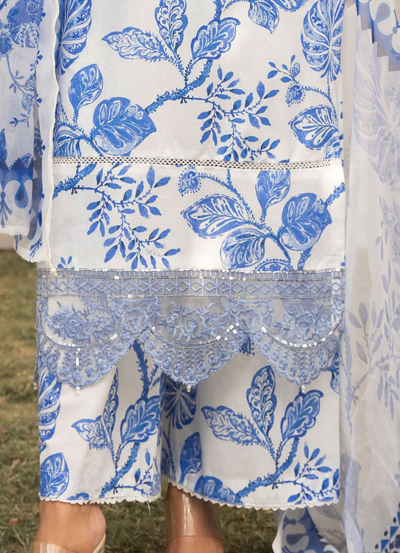 White-Blue Printed Lawn Embroidered Suit Set