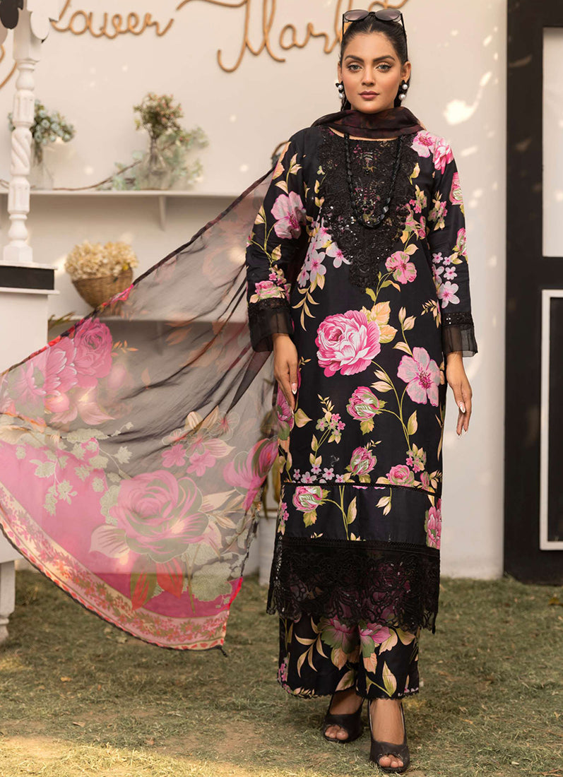 Black Printed Lawn Embroidered Suit Set