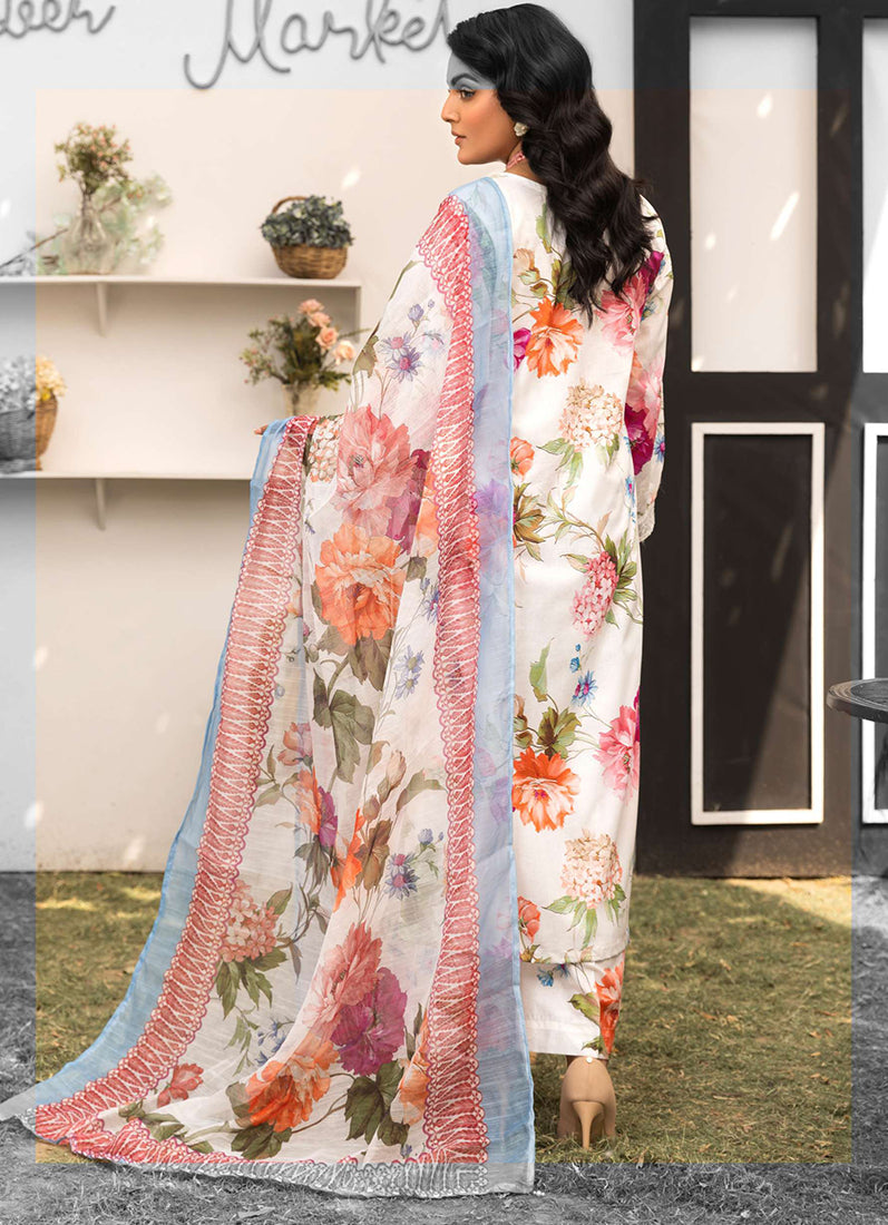 White Floral Printed Lawn Embroidered Suit Set