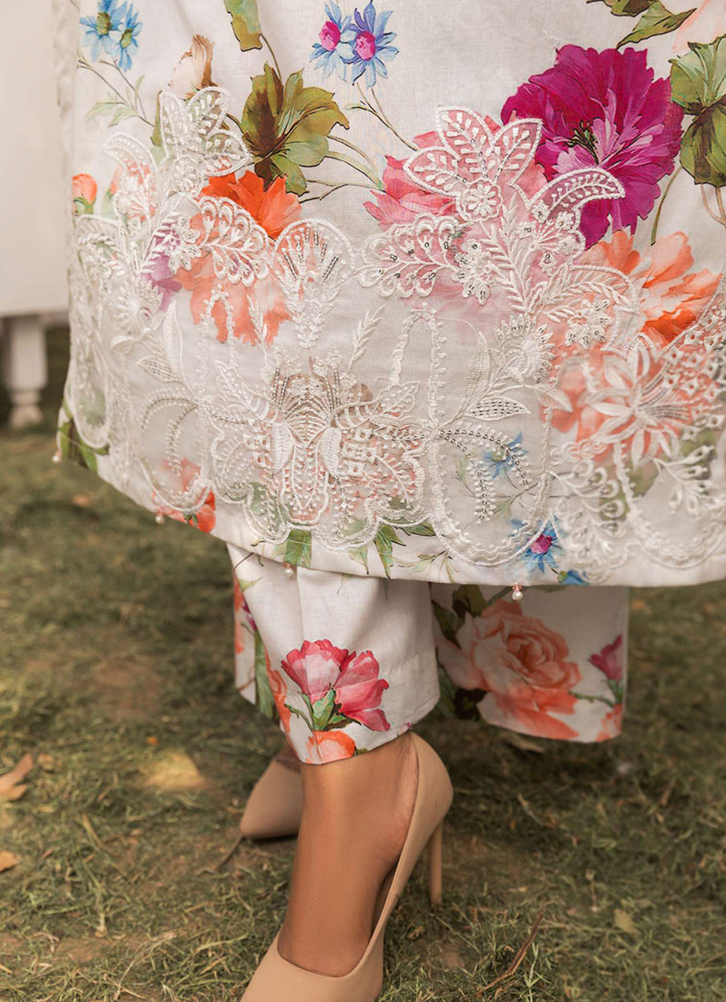 White Floral Printed Lawn Embroidered Suit Set