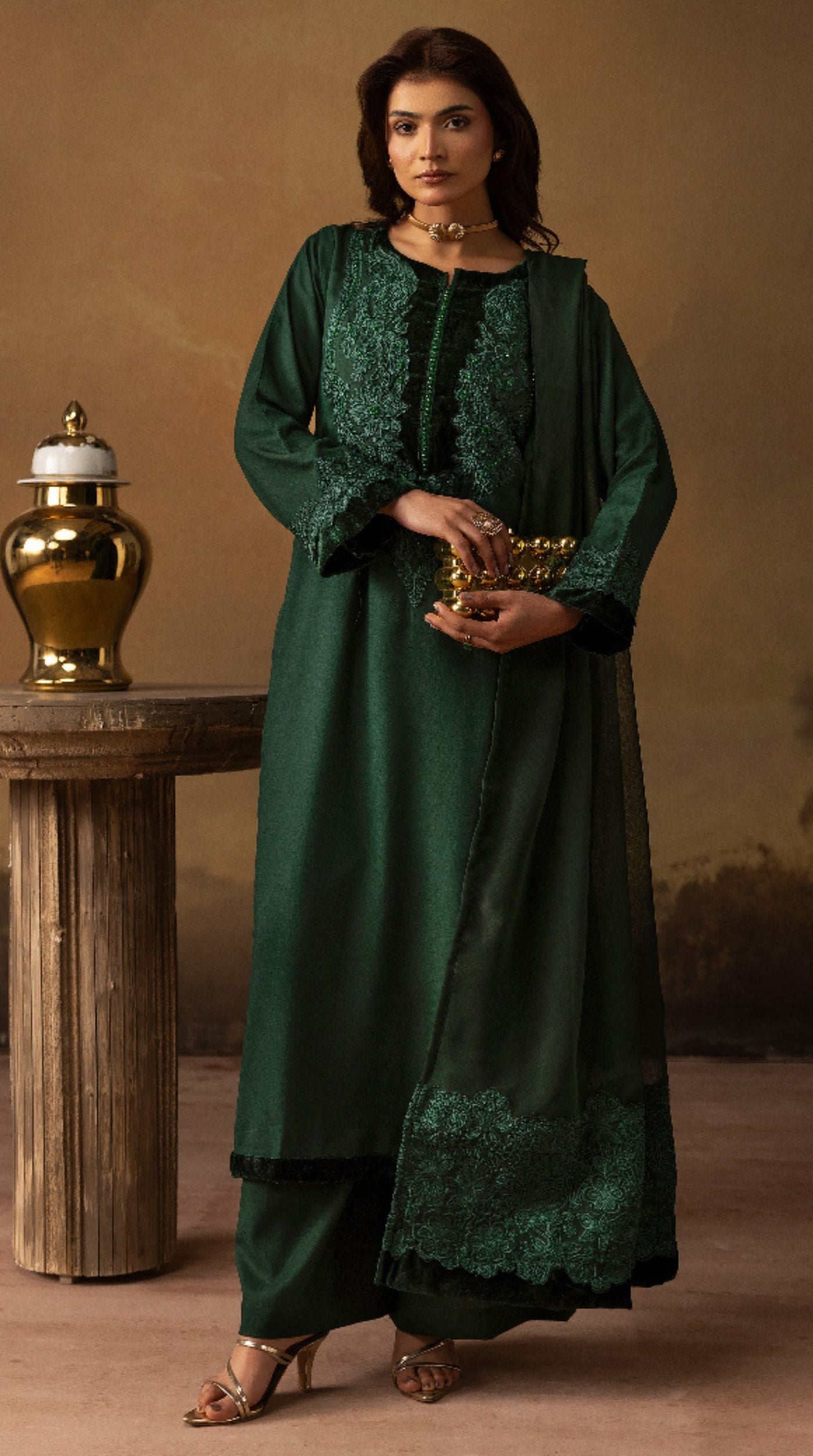 Sophisticated Dark Green Dhanak Suit Set
