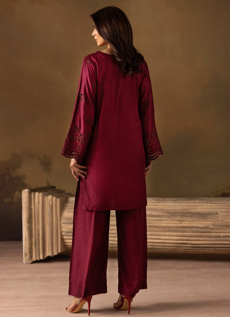 Stylish Burgundy Linen Chikankari Co-ord Set for Women