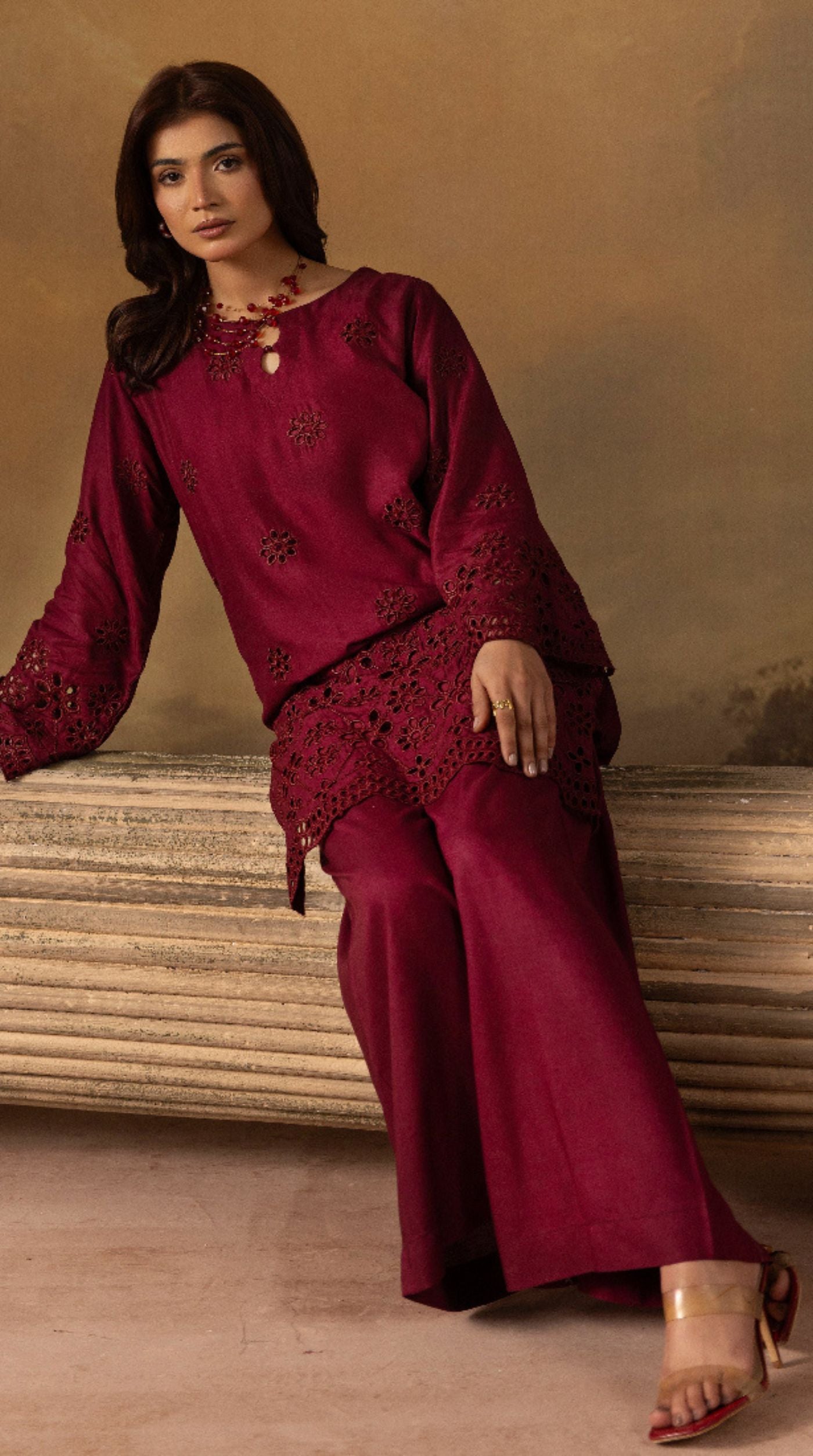 Stylish Burgundy Linen Chikankari Co-ord Set for Women