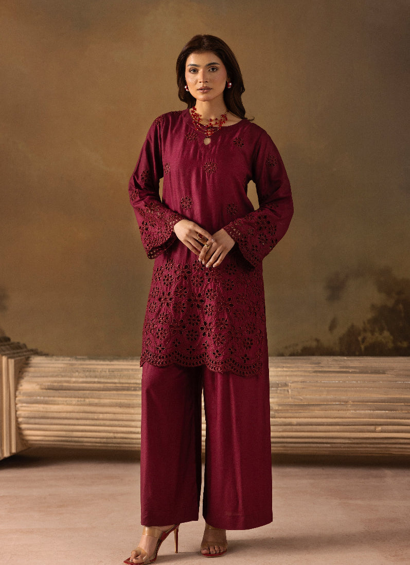 Stylish Burgundy Linen Chikankari Co-ord Set for Women