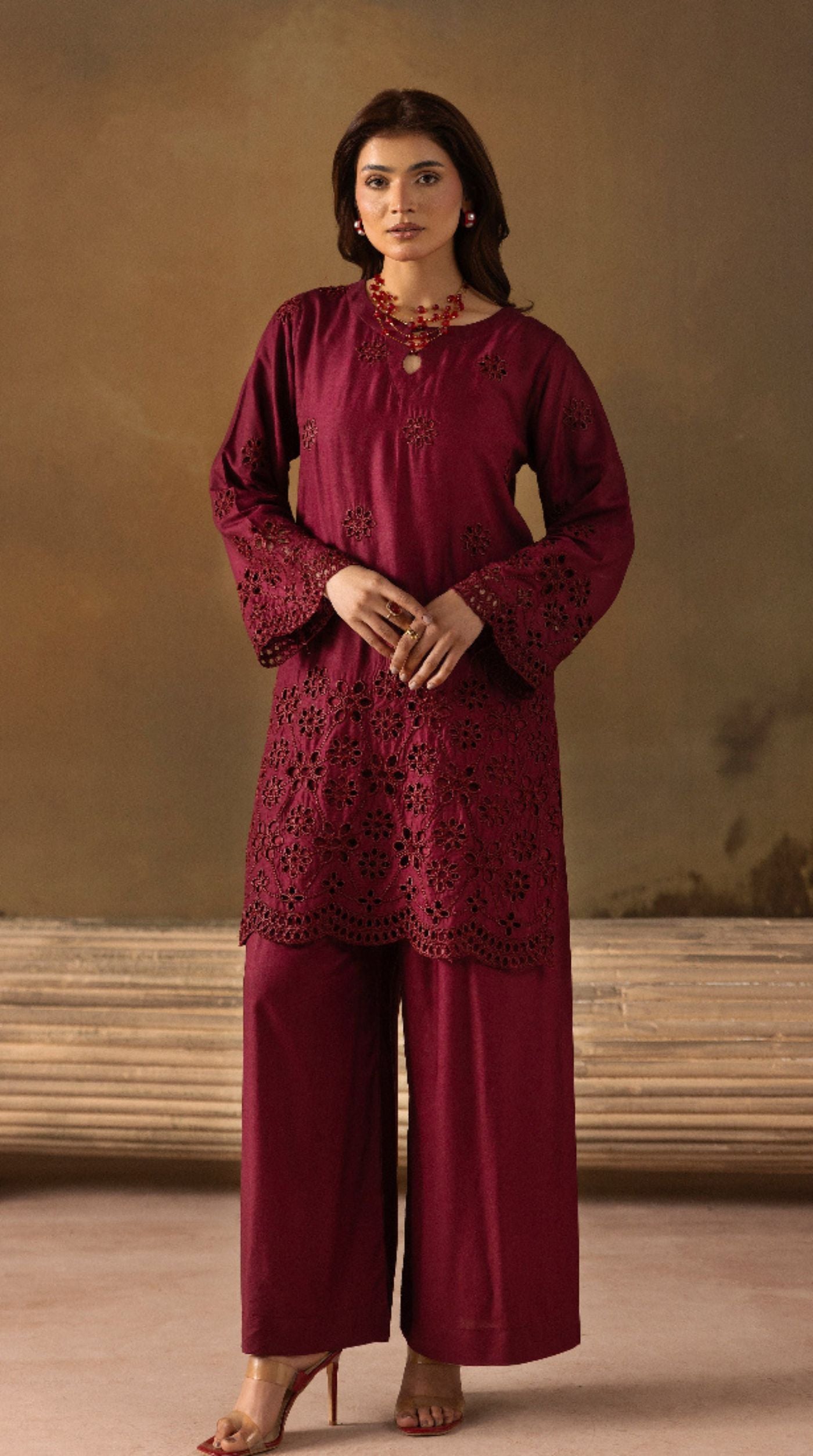 Stylish Burgundy Linen Chikankari Co-ord Set for Women