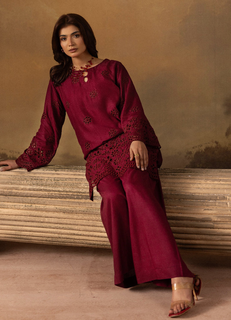 Stylish Burgundy Linen Chikankari Co-ord Set for Women