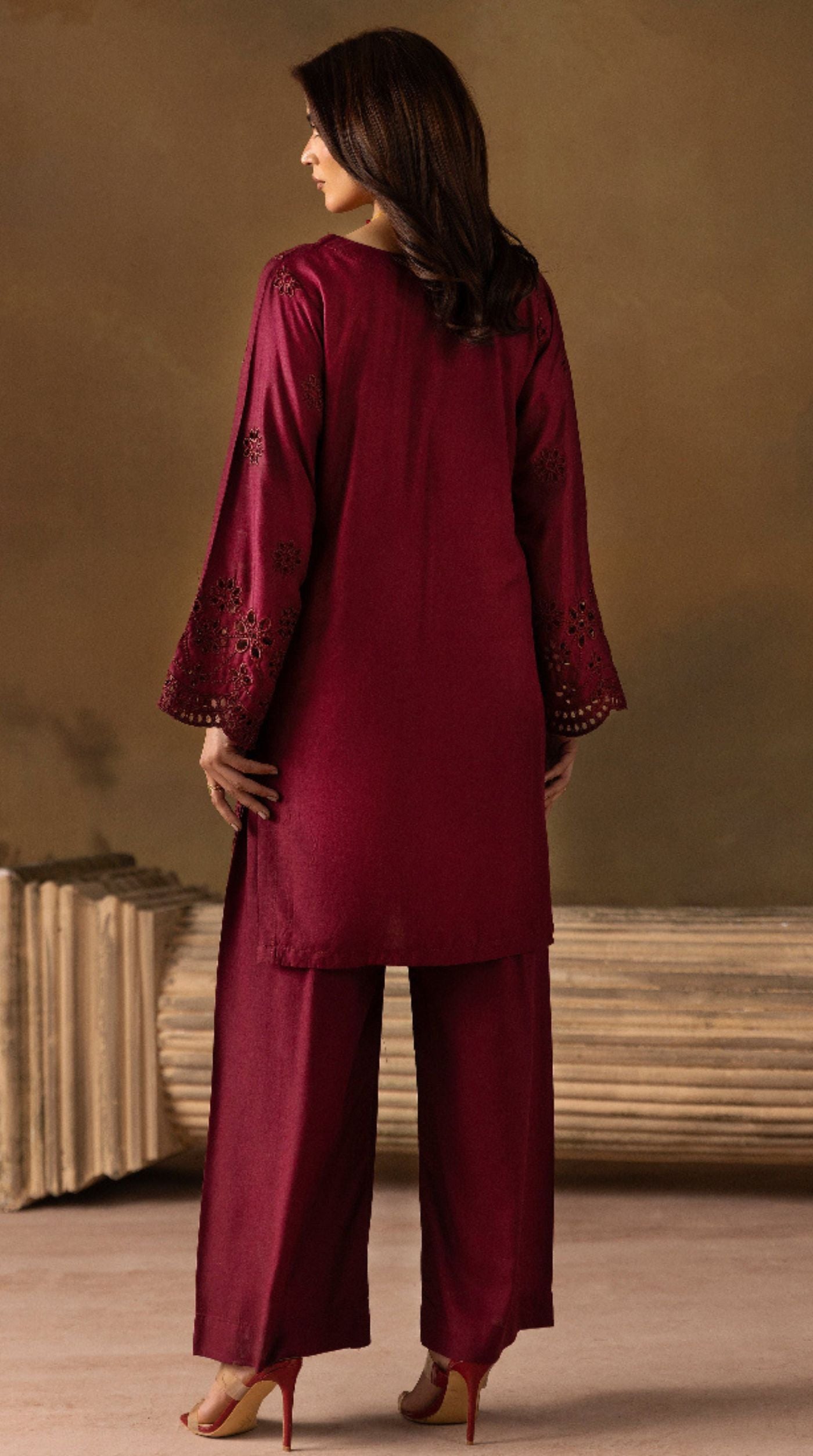 Stylish Burgundy Linen Chikankari Co-ord Set for Women