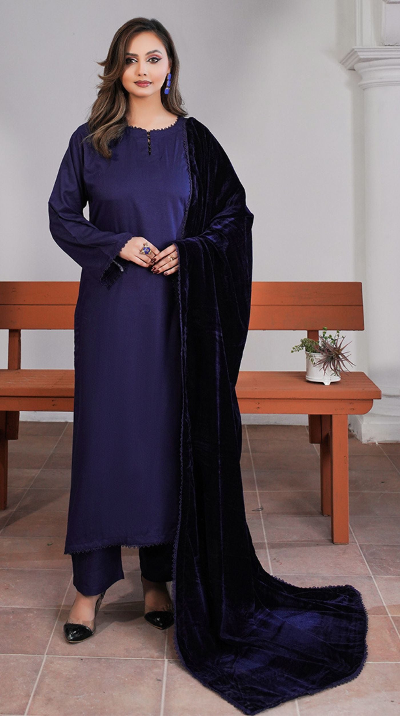 Navy Blue Linen Velvet Dupatta Suit Set