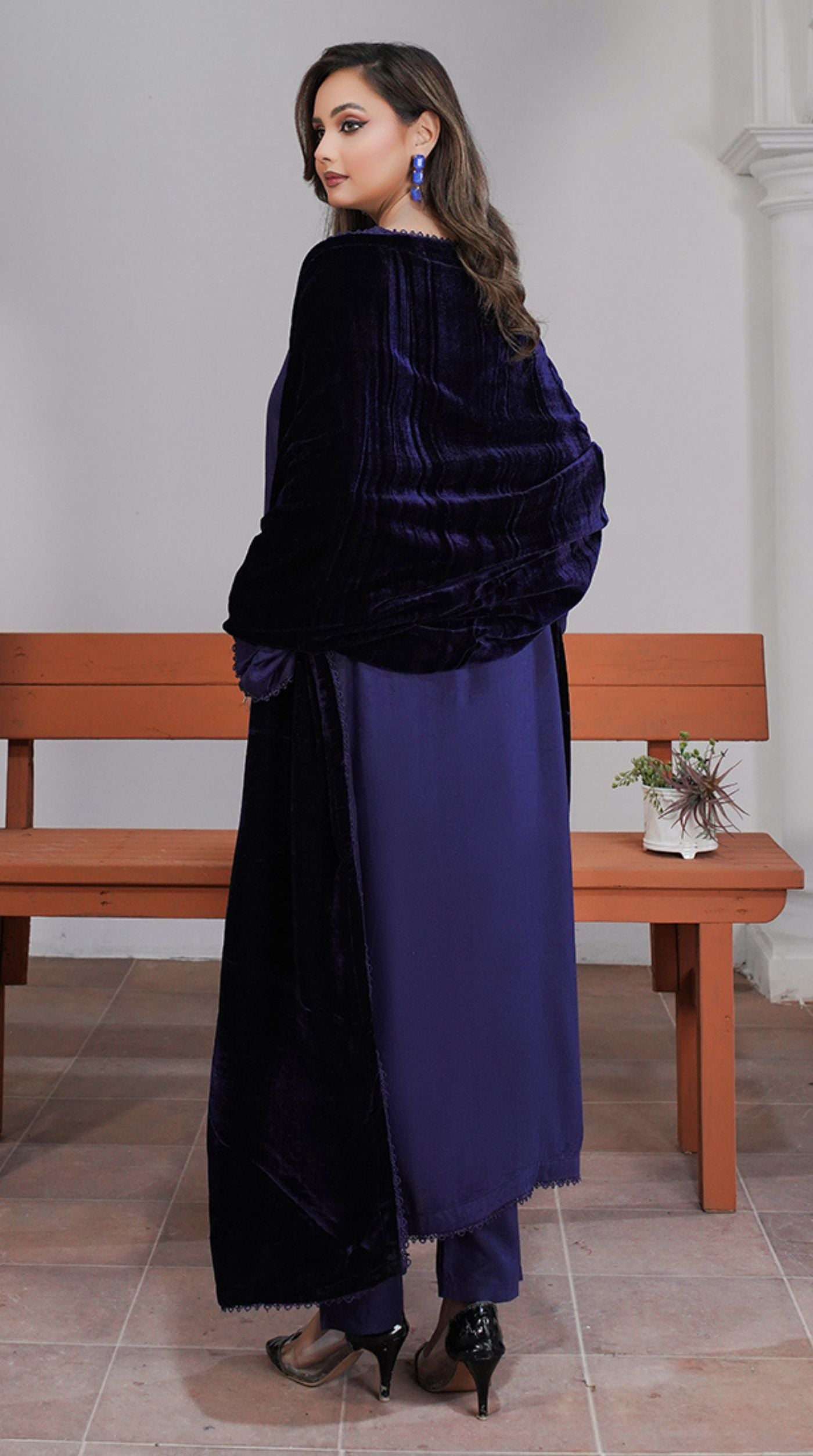 Navy Blue Linen Velvet Dupatta Suit Set